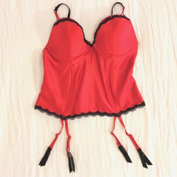 Jezebel Promise Bustier Corset TOP only Red Garters Size Large Coquette Romantic - Picture 1 of 11